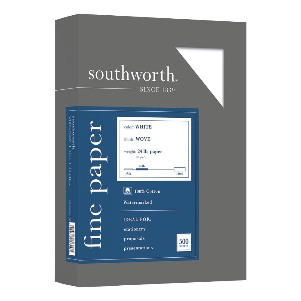 Southworth 100% Cotton Business Paper, 8 1/2in x 11in, 24 Lb, 100% Recycled, White, Box Of 500 (Min Order Qty 2) MPN:14C