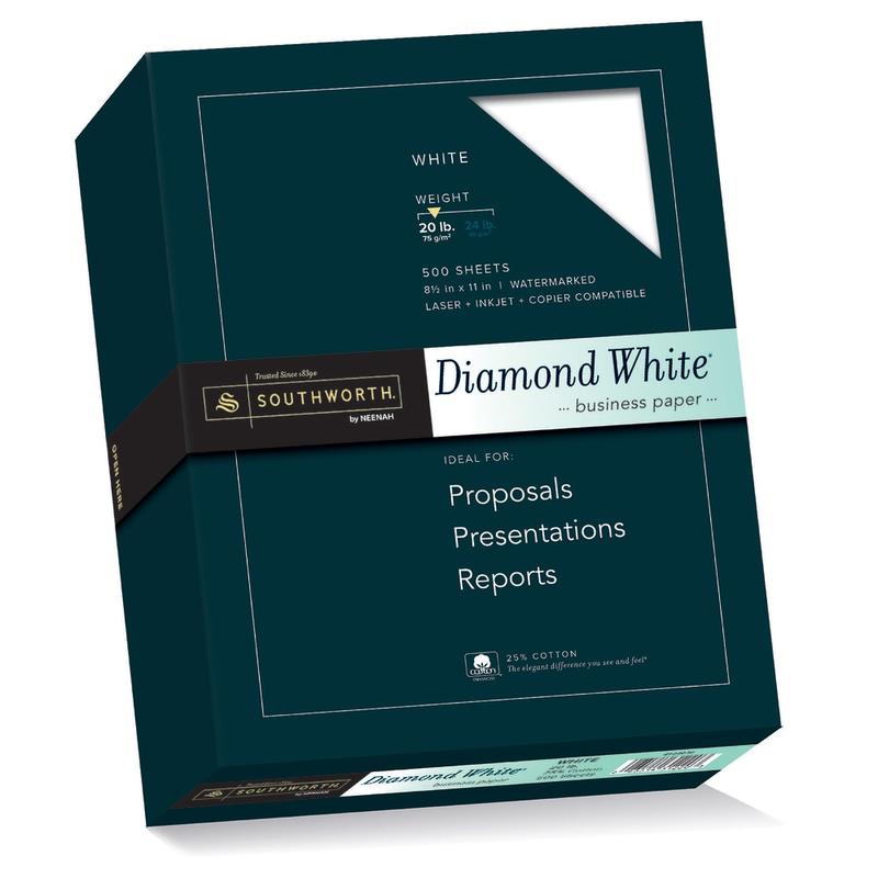 Southworth Diamond White 25% Cotton Business Paper, 8 1/2in x 11in, 20 Lb, White, Box Of 500 (Min Order Qty 2) MPN:31-220-10