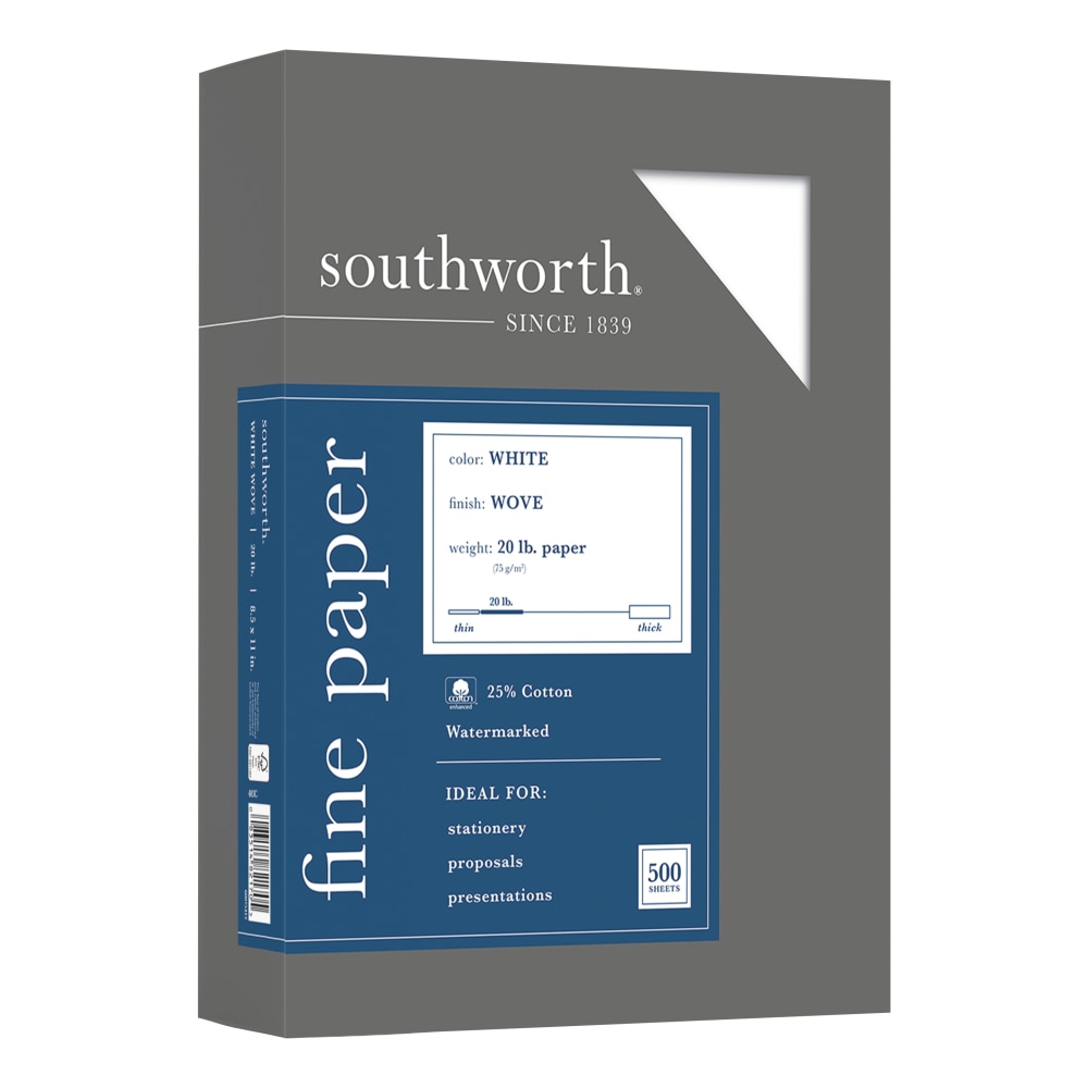 Southworth 25% Cotton Business Paper, 8 1/2in x 11in, 20 Lb, White, Box Of 500 (Min Order Qty 3) MPN:403C