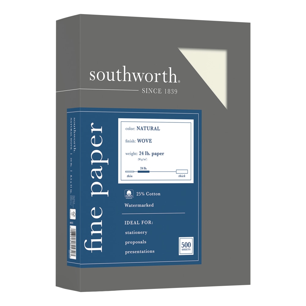 Southworth 25% Cotton Business Paper, 8 1/2in x 11in, 24 Lb, Natural, Box Of 500 MPN:404NC
