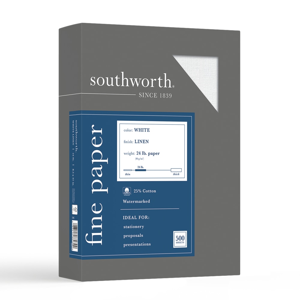 Southworth 25% Cotton Linen Business Paper, White, Letter (8.5in x 11in), 500 Sheets Per Ream, 24 Lb, 94 Brightness MPN:554C