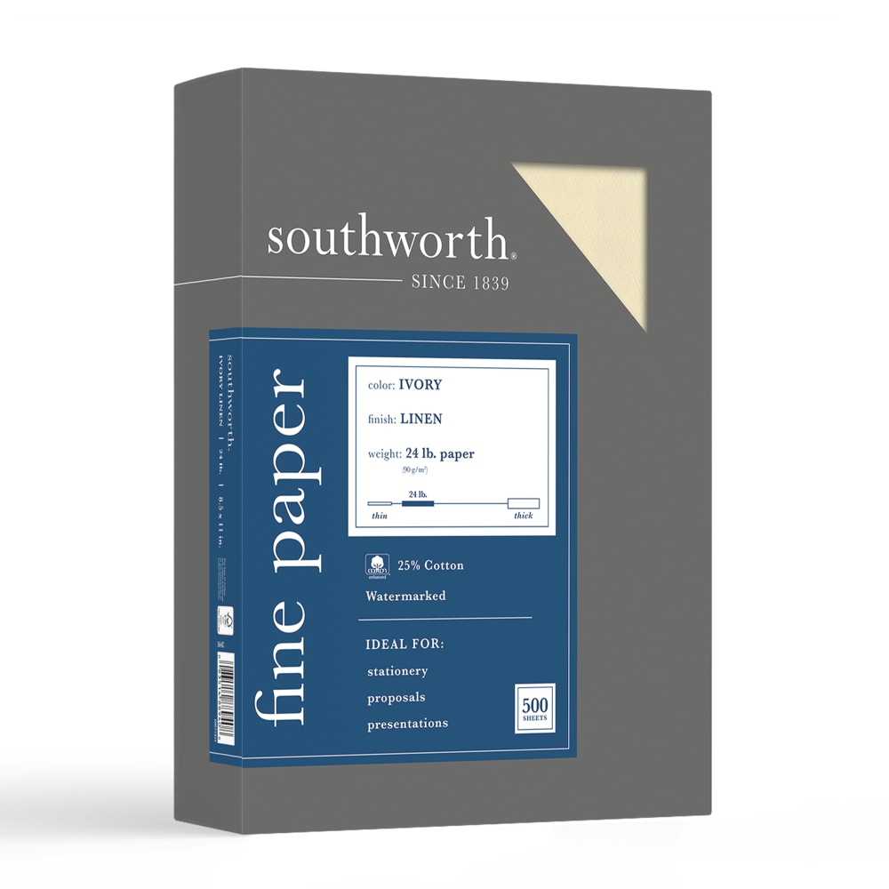 Southworth 25% Cotton Linen Business Paper, Ivory, Letter (8.5in x 11in), 500 Sheets Per Ream, 24 Lb, 94 Brightness MPN:564C