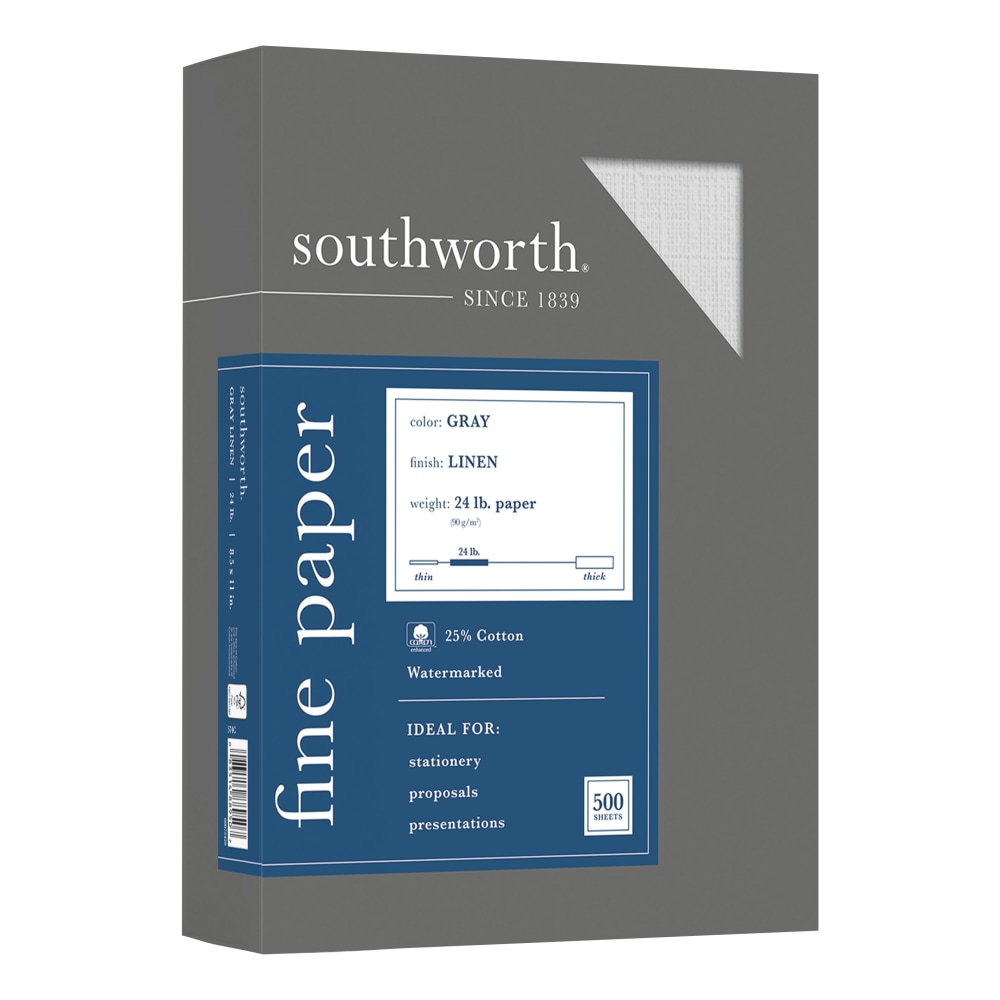 Southworth Cotton Linen Business Paper, Gray, Letter (8.5in x 11in), 500 Sheets Per Ream, 24 Lb, 94 Brightness (Min Order Qty 2) MPN:574C