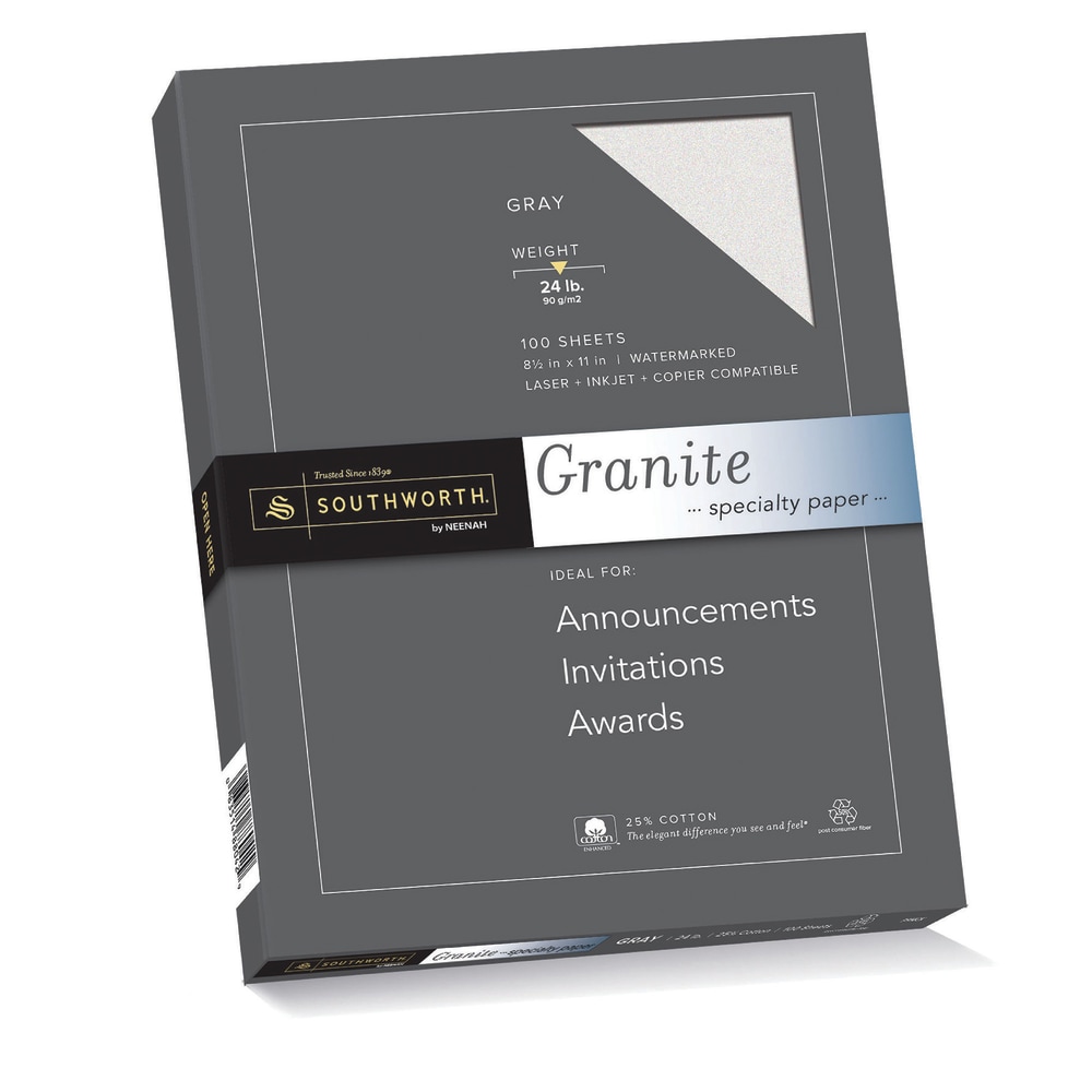 Southworth Granite Specialty Paper, 8 1/2in x 11in, 24 Lb, 75% Recycled, Gray, Pack Of 100 Sheets MPN:P914CK/3/36