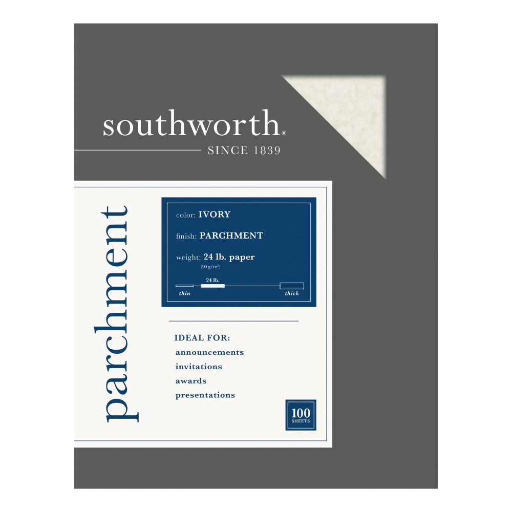 Southworth Parchment Specialty Paper, 8 1/2in x 11in, 24 Lb, Ivory, Pack Of 100 MPN:P984CK/3/36