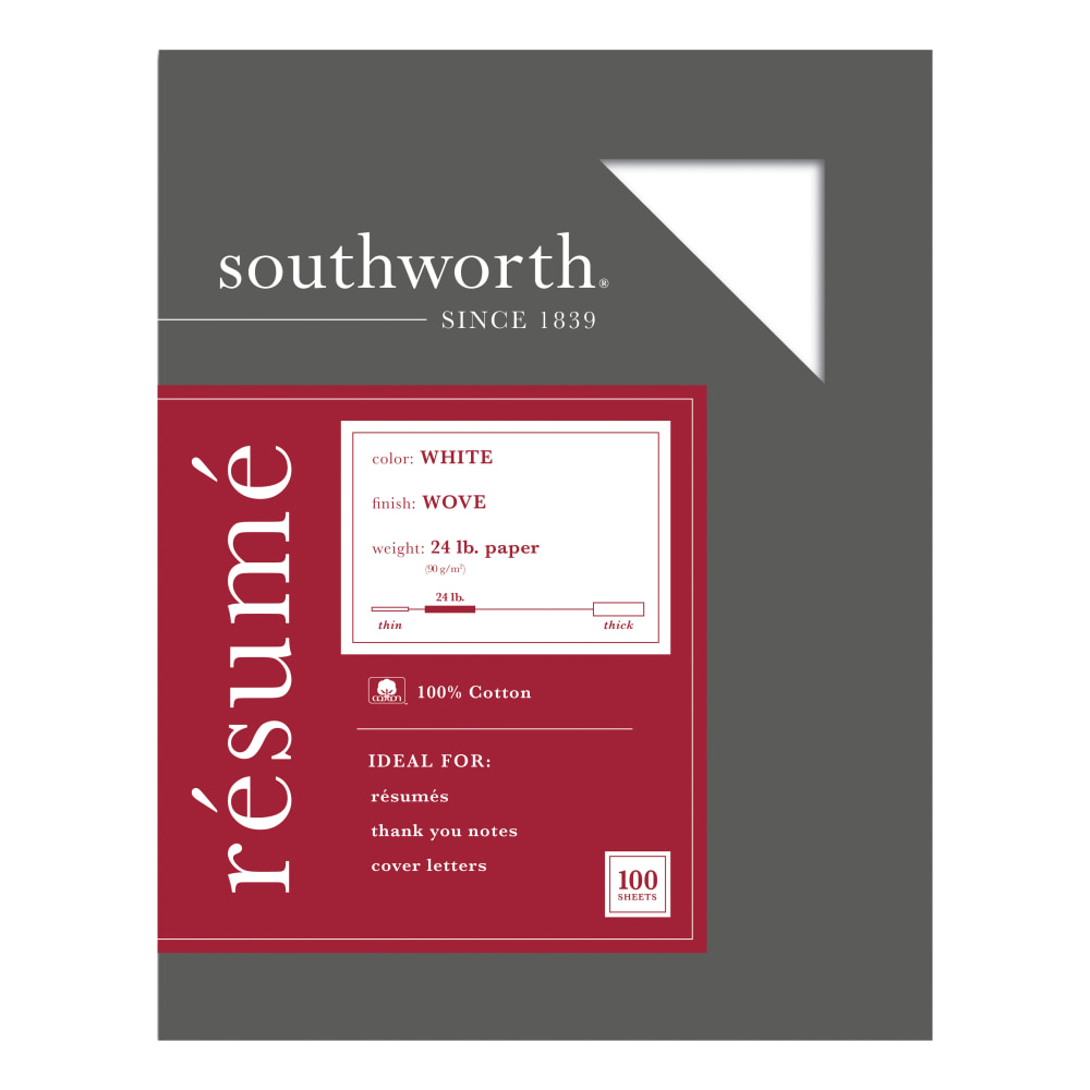 Southworth 100% Cotton Resume Paper, 8 1/2in x 11in, 24 Lb, 100% Recycled, White, Pack Of 100 (Min Order Qty 5) MPN:R14CF
