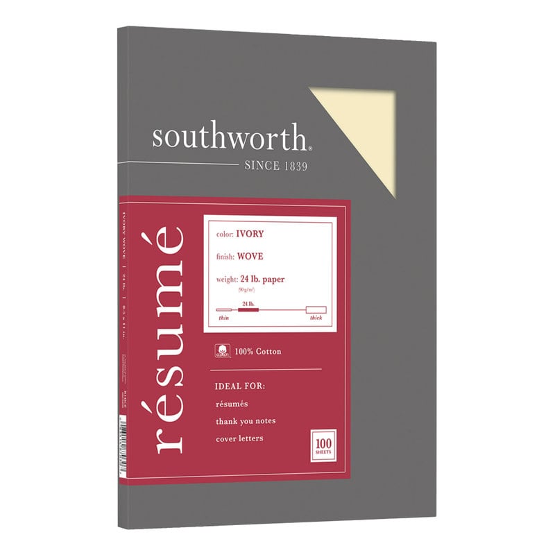 Southworth 100% Cotton Resume Paper, 8 1/2in x 11in, 24 Lb, 100% Recycled, Ivory, Pack Of 100 (Min Order Qty 7) MPN:R14ICF