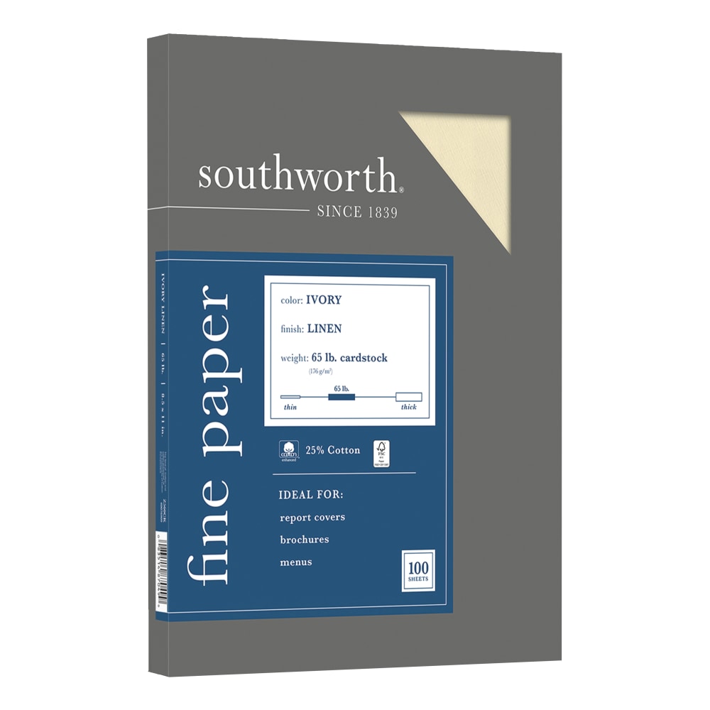 Southworth 25% Cotton Linen Cover Stock, 8 1/2in x 11in, 65 Lb, Ivory, Pack Of 100 (Min Order Qty 4) MPN:Z560CK