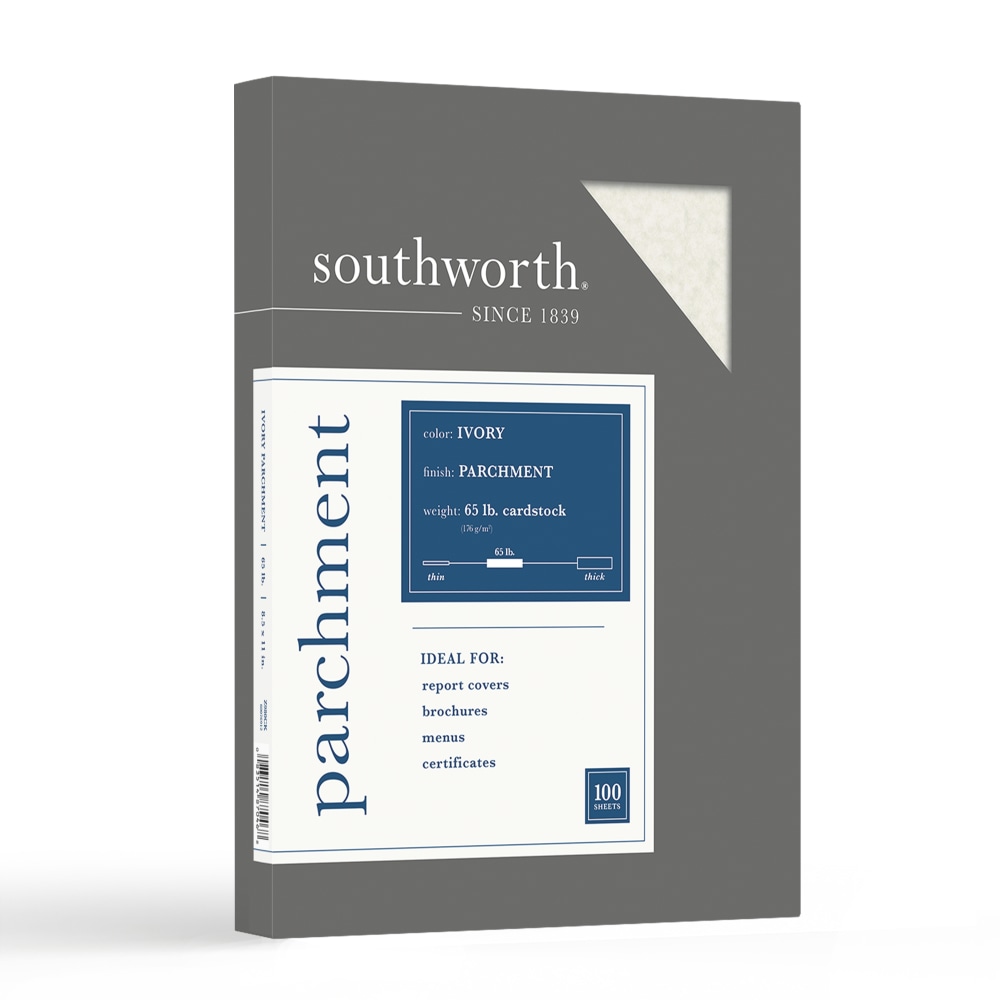 Southworth Parchment Specialty Paper, 8 1/2in x 11in, 65 Lb, Ivory, Pack Of 100 MPN:Z980CK/3/6