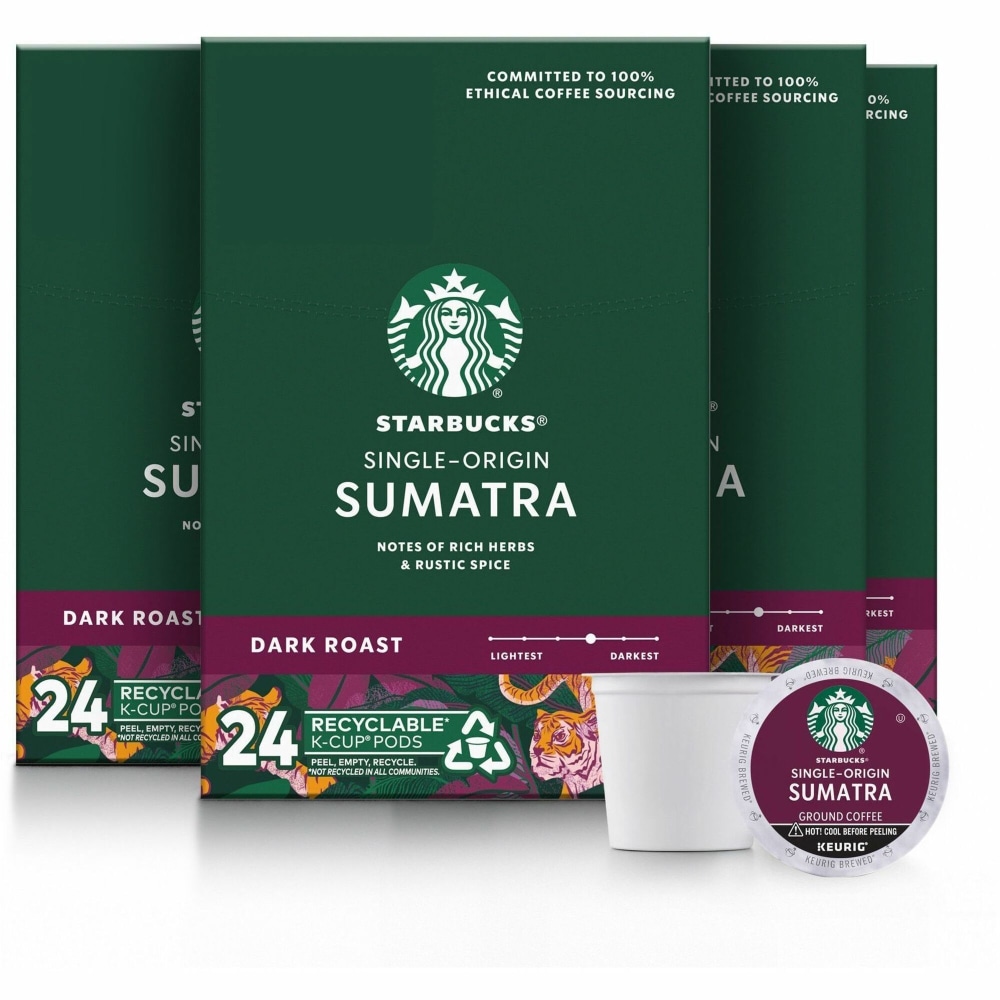 Starbucks K-Cup Sumatra Blend Coffee, Dark Roast, 24 Pods Per Case, Carton Of 4 Cases MPN:91281CT