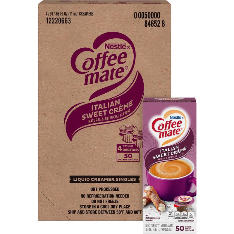 Coffee mate Italian Sweet Creme Nondairy Liquid Creamer Singles - Italian Sweet Creme Flavor - 0.38 fl oz (11 mL) - 200 Serving - 50/Box - 4 / Carton MPN:84652CT
