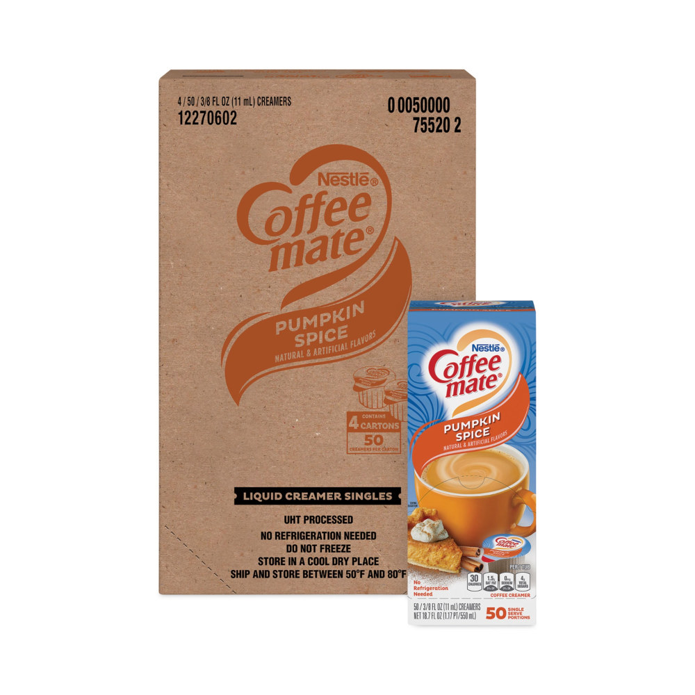 Nestle Coffee mate Liquid Coffee Creamer, Pumpkin Spice, 0.38 Oz, 50 Mini Cups Per Box, Carton Of 4 Boxes MPN:12270602