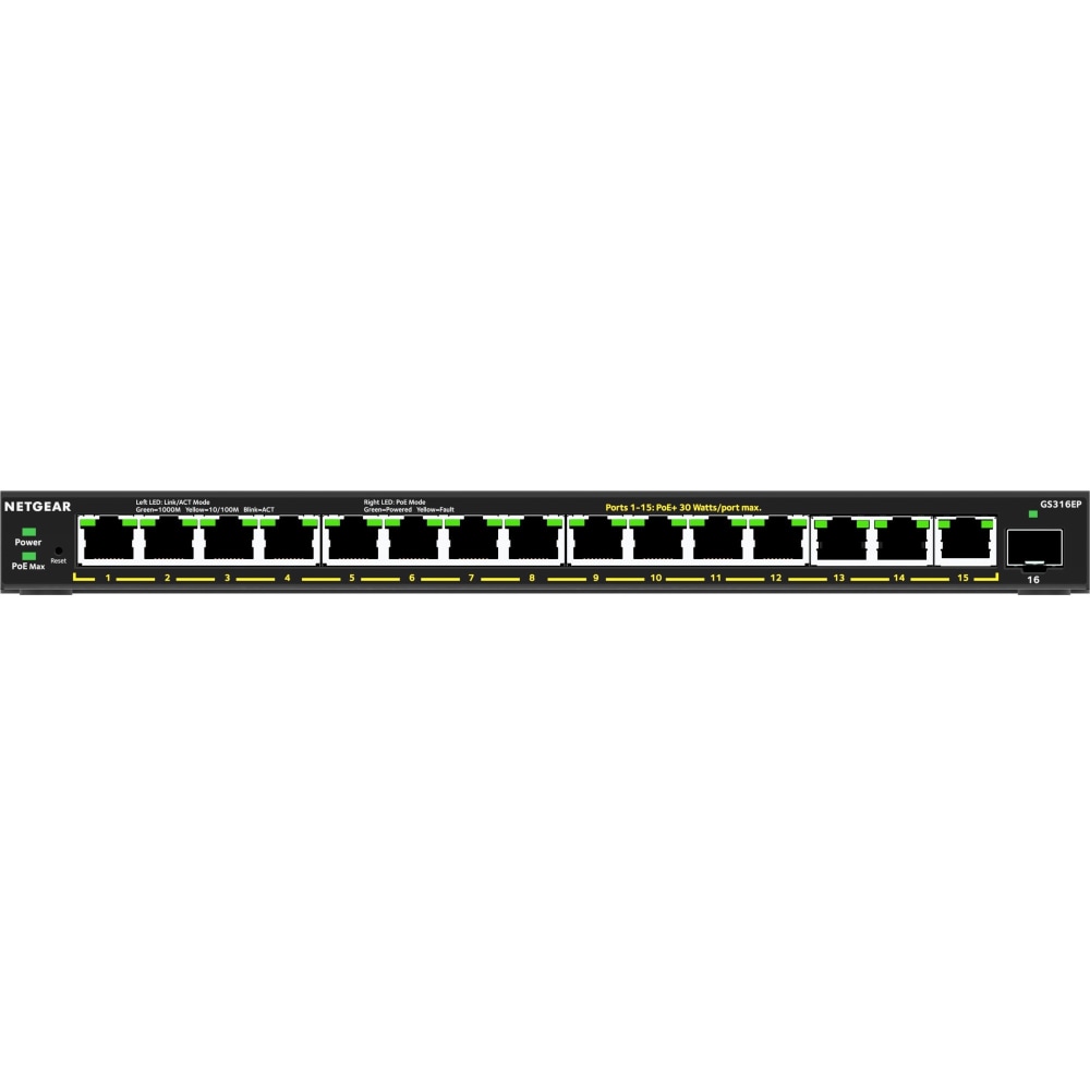 Netgear GS316EP Ethernet Switch - 15 Ports - Manageable - 3 Layer Supported - Modular - 1 SFP Slots - GS316EP100NAS MPN:GS316EP-100NAS