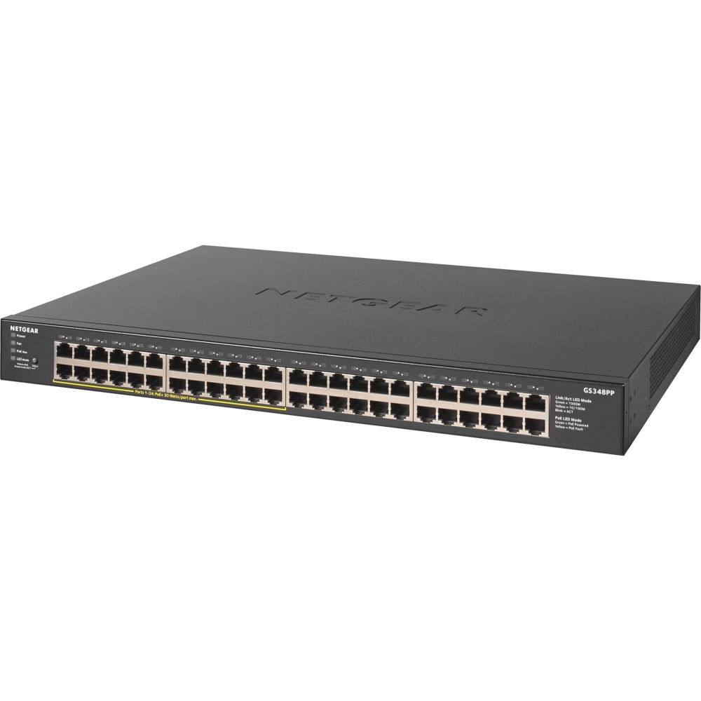 Netgear GS348PP Ethernet Switch - 48 Ports - 2 Layer Supported - Twisted Pair - Desktop, Rack-mountable - 3 YearLifetime Limited Warranty MPN:GS348PP-100NAS