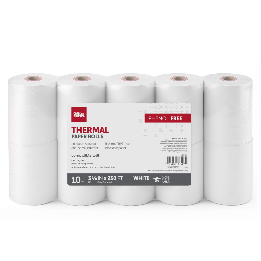 Thermal Receipt Paper Rolls, 3-1/8inx230ft, Phenol-Free, White, 10 Rolls MPN:9078-0527