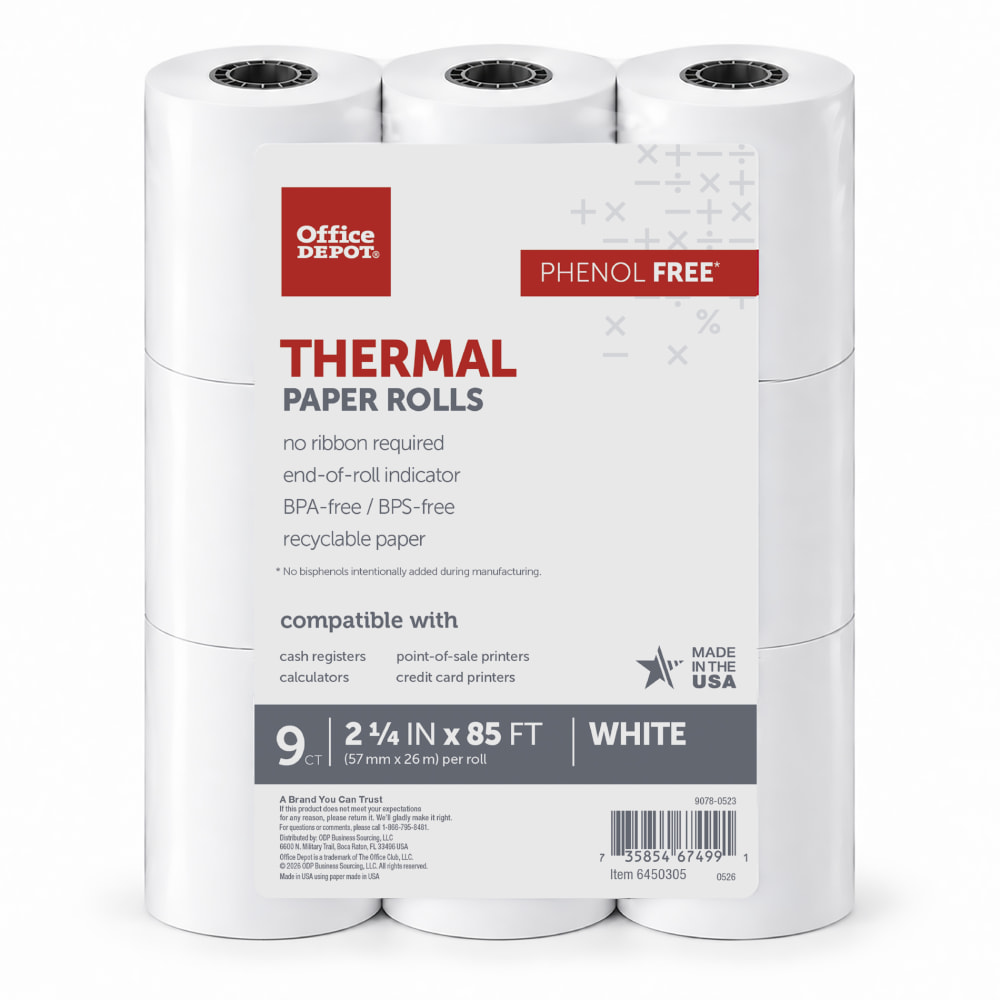 Thermal Receipt Paper Rolls, 2-1/4inx85ft, Phenol-Free, White, 9 Rolls MPN:9078-0529