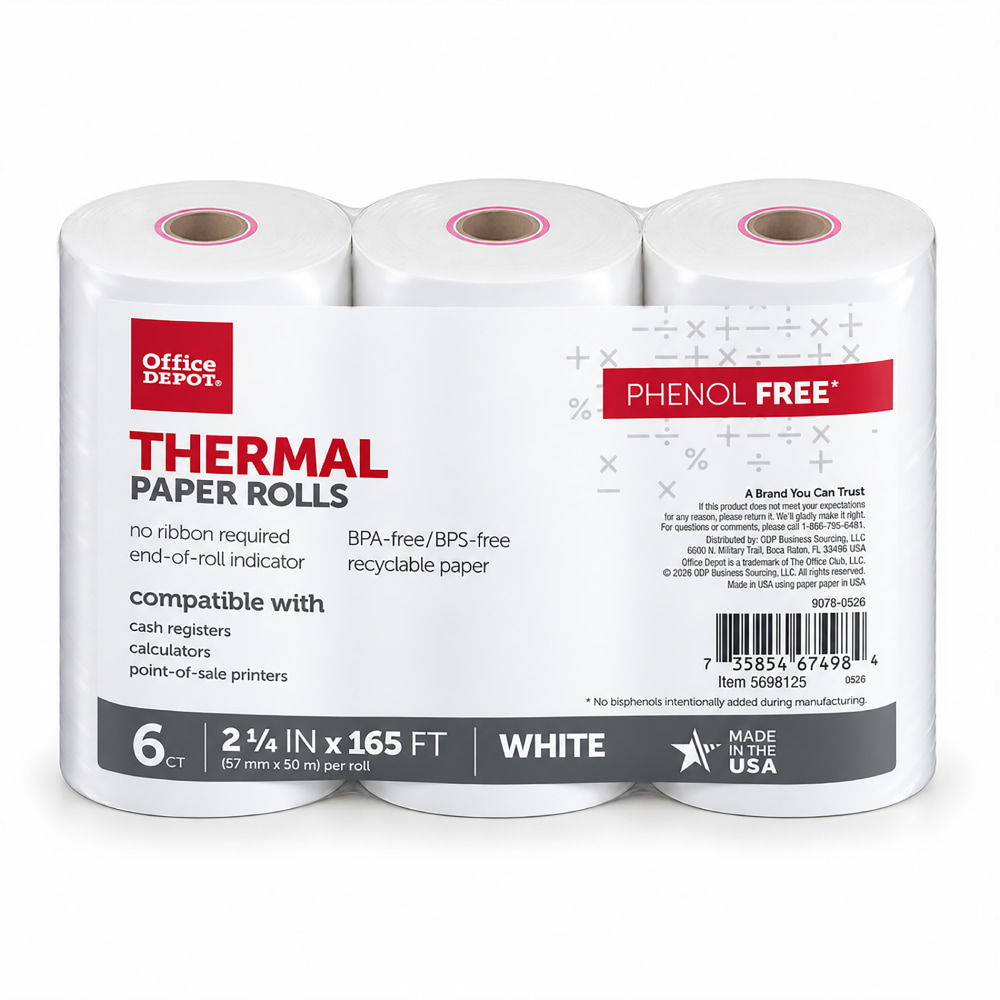 Thermal Receipt Paper Rolls, 2-1/4inx165ft, Phenol-Free, White, 6 Rolls MPN:9078-0531