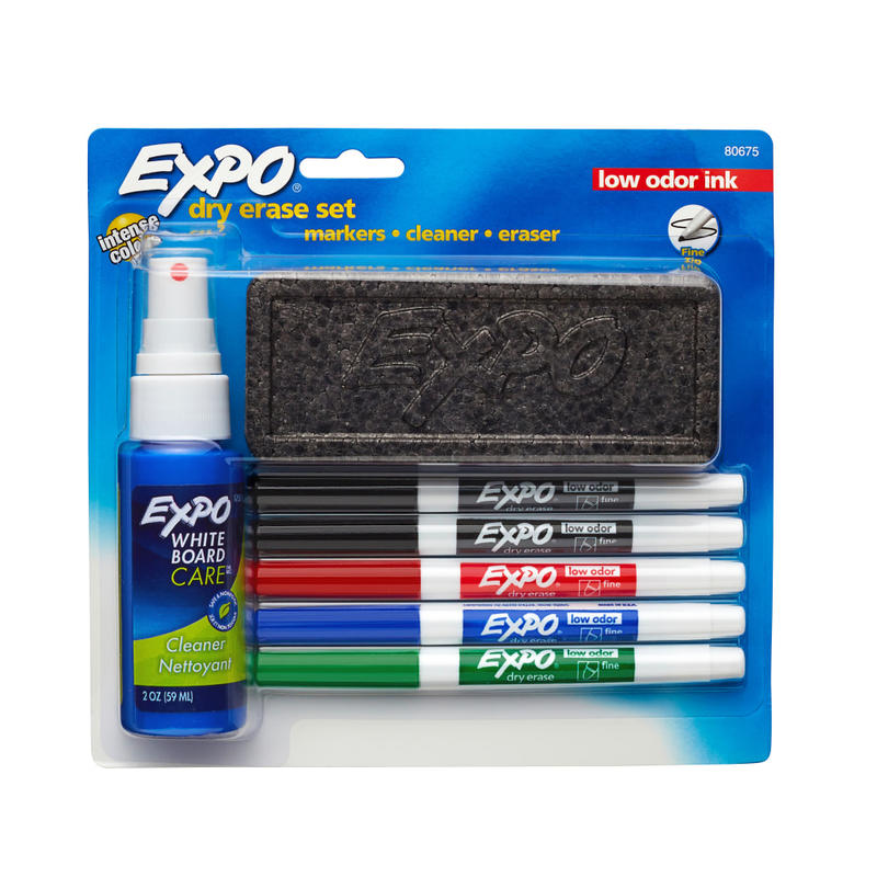 EXPO Low-Odor Dry-Erase Starter Kit, Fine-Point, 5 Markers, Black (2), Red, Blue, Green MPN:80675