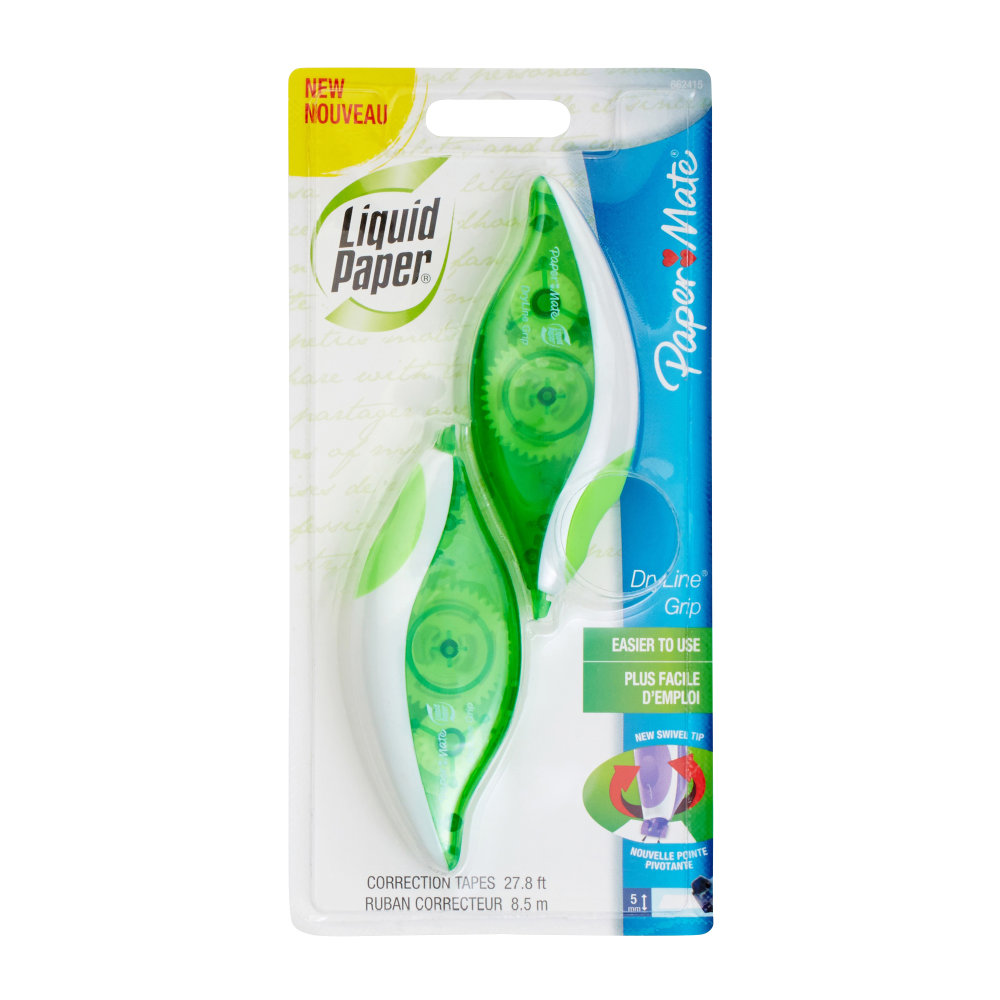 Paper Mate Liquid Paper DryLine Grip Correction Tape, Single Line, 335in, White, Pack Of 2 MPN:6624