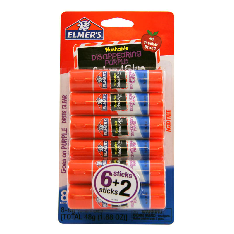 Elmers Washable Disappearing Purple School Glue Sticks, 0.21 Oz., Pack Of 6 + 2 Bonus Sticks (Min Order Qty 14) MPN:E1591