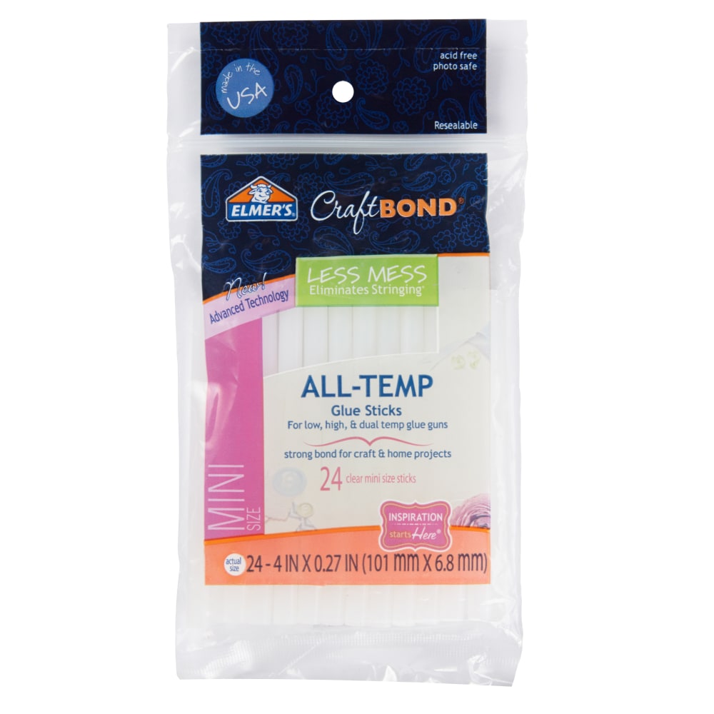 Elmers CraftBond Mini Hot Glue Sticks, 4in, Clear, Pack Of 24 MPN:E6055