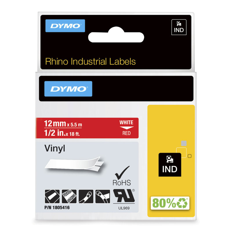 DYMO Rhino Vinyl Label Tape, 1/2in x 18in, White/Red MPN:1805416