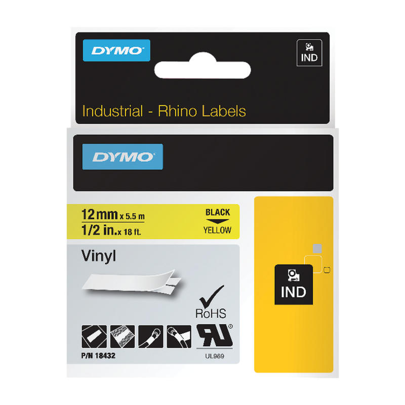 DYMO RhinoPRO 18432 Vinyl Label Tape, 15/32inW x 18 3/64L, Rectangle, Black on Yellow MPN:18432