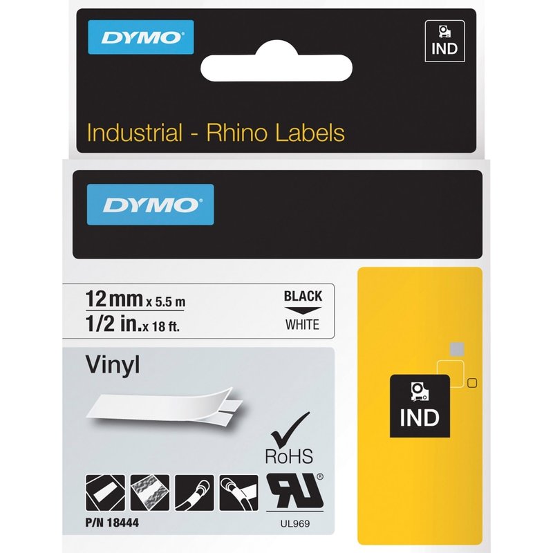 Dymo Rhino Industrial Vinyl Labels, 1/2in x 18-1/16ft, White/Black MPN:18444