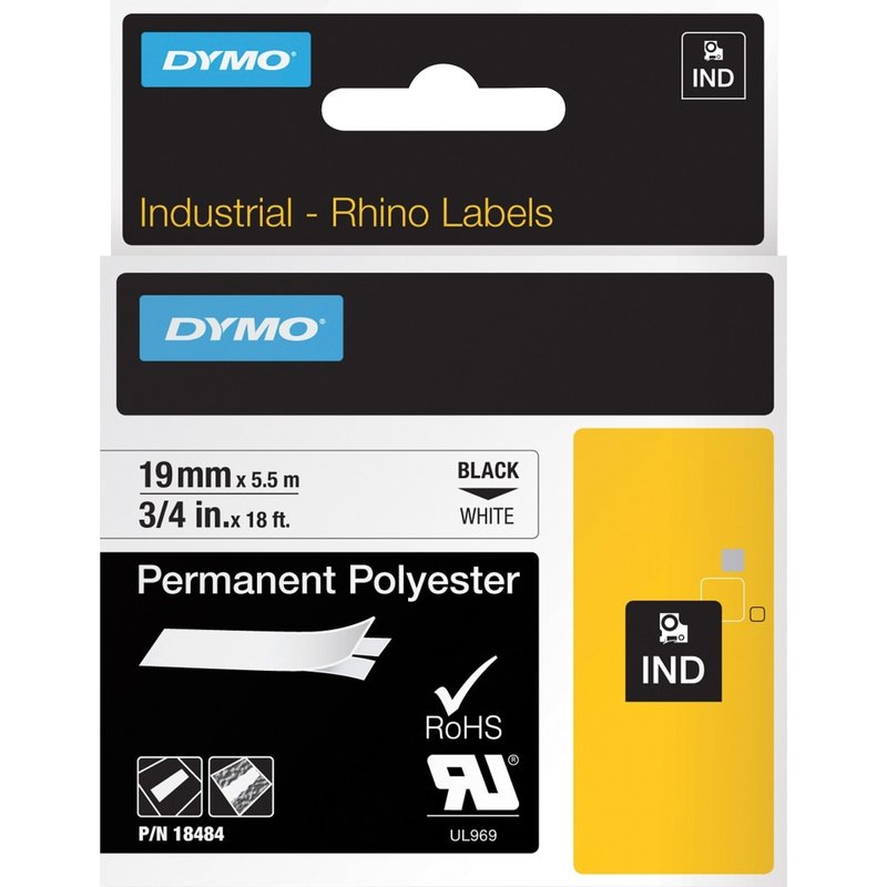 DYMO Rhino 18484 Polyester Industrial Black-On-White Label Tape, 0.75in x 18ft MPN:18484