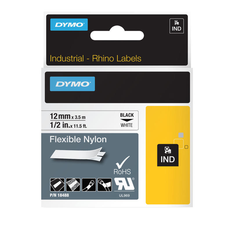 DYMO Rhino 18488 Black-On-White Tape, 0.5in x 11.5ft MPN:18488