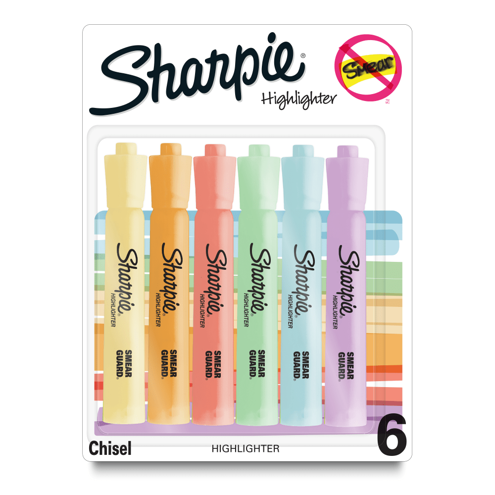 Sharpie Tank-Style Highlighters, Chisel Tip, Mild Pastel Barrels, Mild Pastel Inks, Pack Of 6 Highlighters MPN:2157488