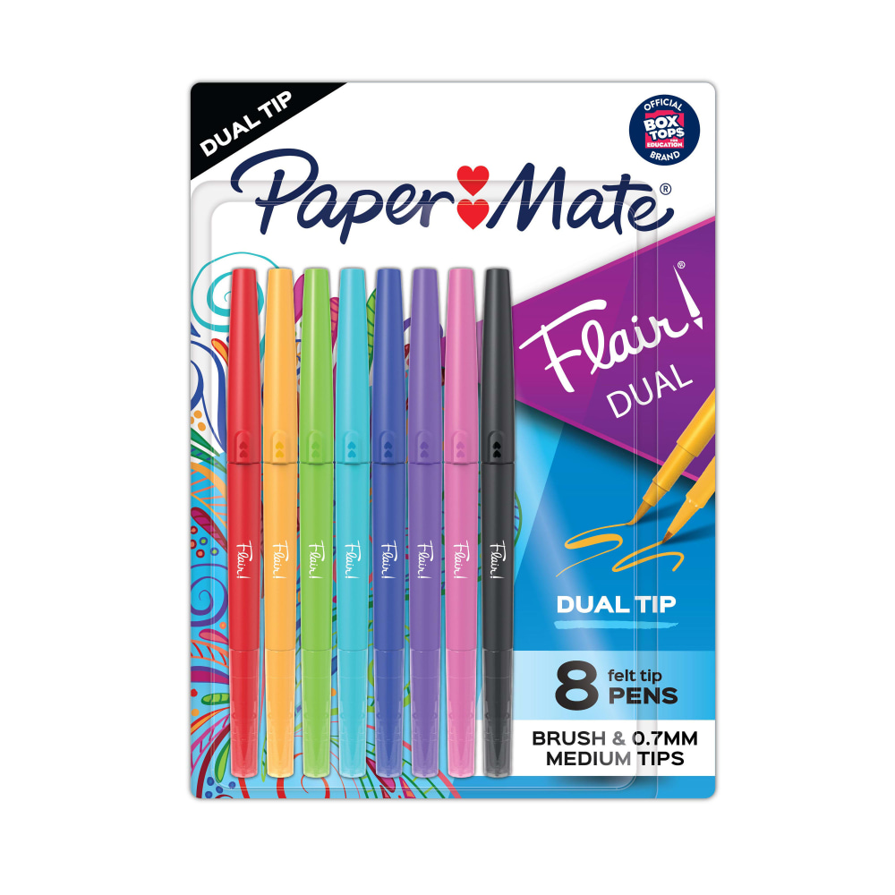 Paper Mate Flair Dual Felt-Tip Pens, Pack Of 8 Pens, Brush And Medium Tips, Assorted Barrel Colors, Assorted Ink Colors MPN:2181604