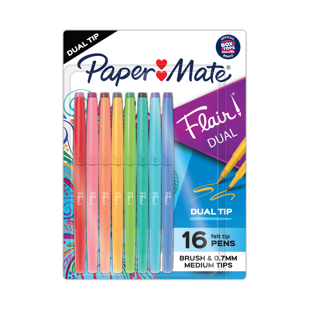 Paper Mate Flair Dual Felt-Tip Pens, Pack Of 16 Pens, Brush And Medium Tips, Assorted Barrel Colors, Assorted Ink Colors MPN:2181607