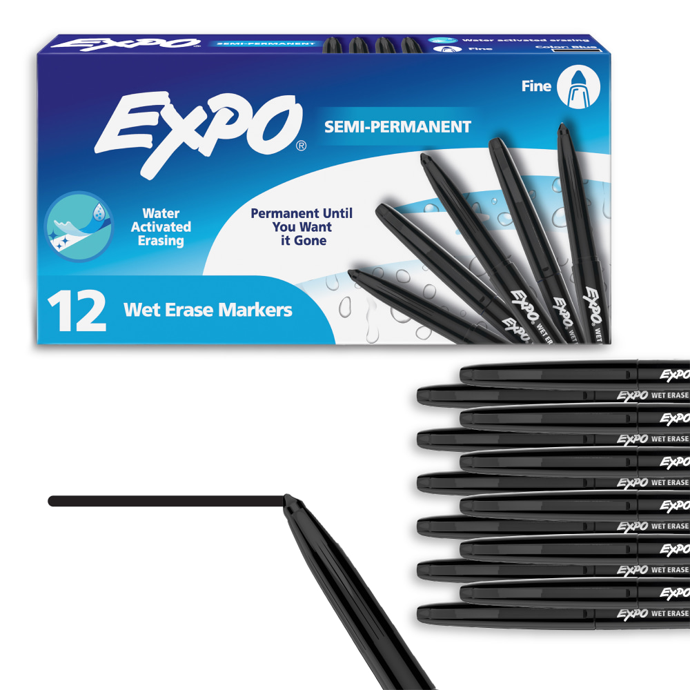 EXPO Wet Erase Markers, Semi-Permanent Markers, Black, Fine Tip, Dozen Box MPN:2211316