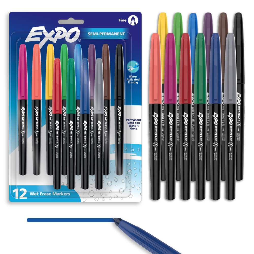EXPO Wet Erase Markers, Semi-Permanent Markers, Assorted, Fine Tip, 12 Count MPN:2211379