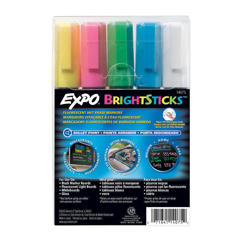 EXPO Bright Sticks Wet-Erase Fluorescent Markers, Assorted Colors, Pack Of 5 MPN:14075