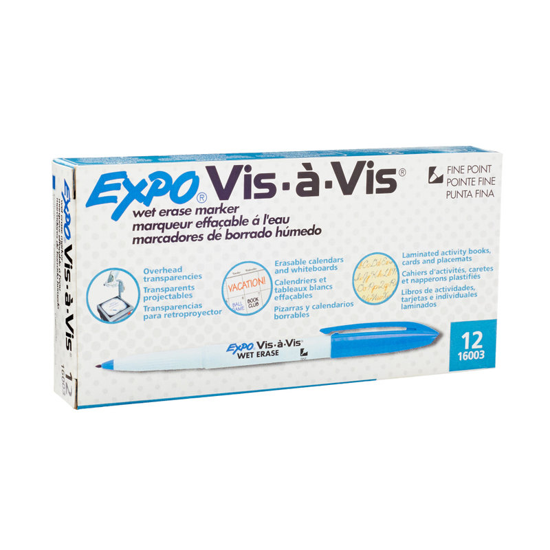 EXPO Vis-A-Vis Wet-Erase Fine-Tip Markers, Blue, Box Of 12 MPN:16003