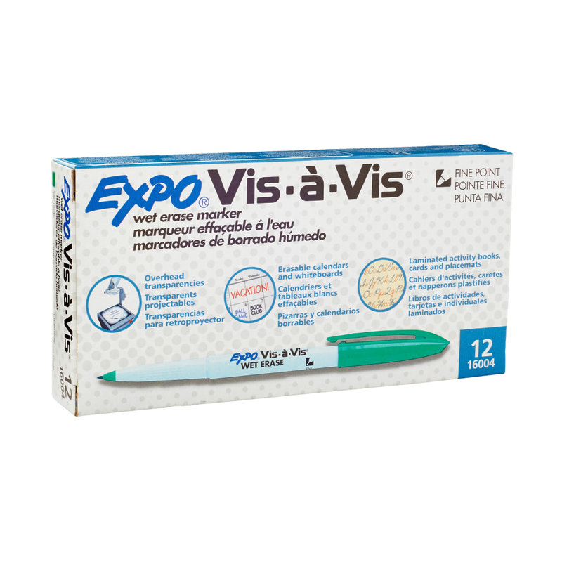 EXPO Vis-A-Vis Wet-Erase Fine-Tip Markers, Green, Box Of 12 MPN:16004