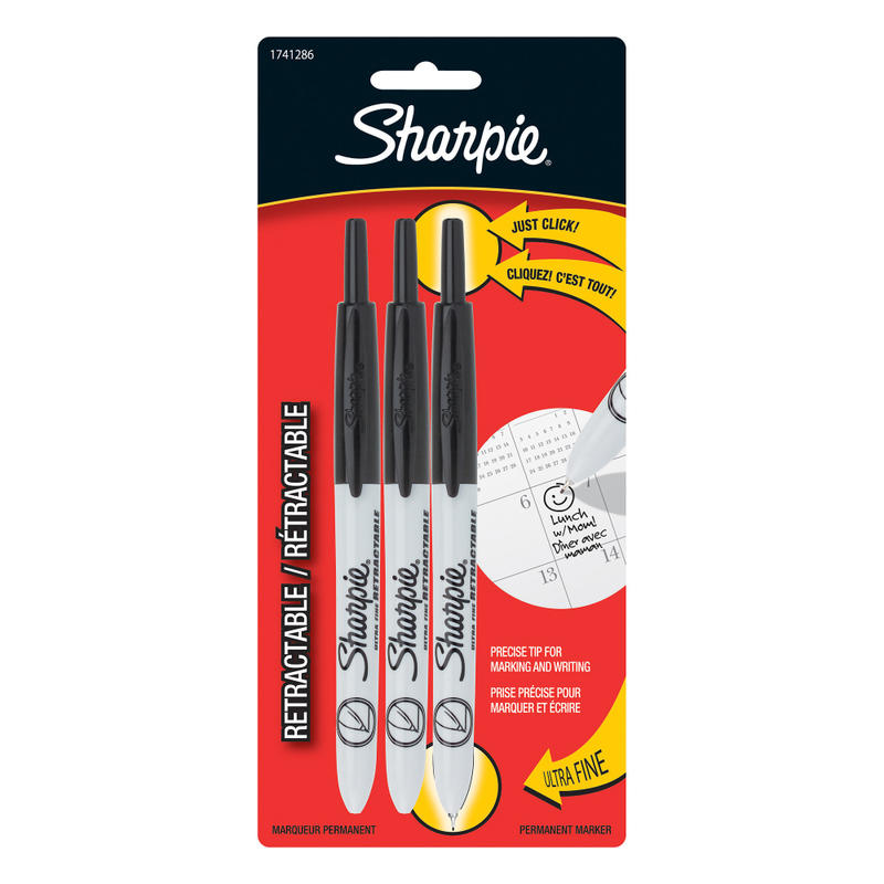 Sharpie Retractable Permanent Markers, Ultra-Fine Point, Black, Pack Of 3 Markers MPN:1735793