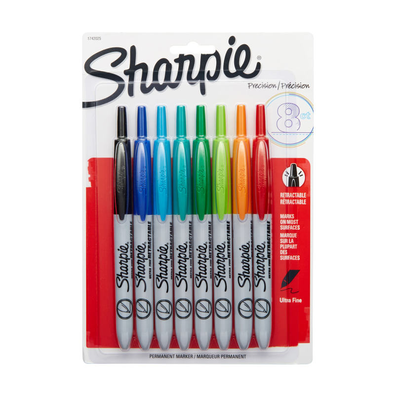 Sharpie Retractable Permanent Markers, Ultra-Fine Point, Assorted, Pack Of 8 MPN:1742025