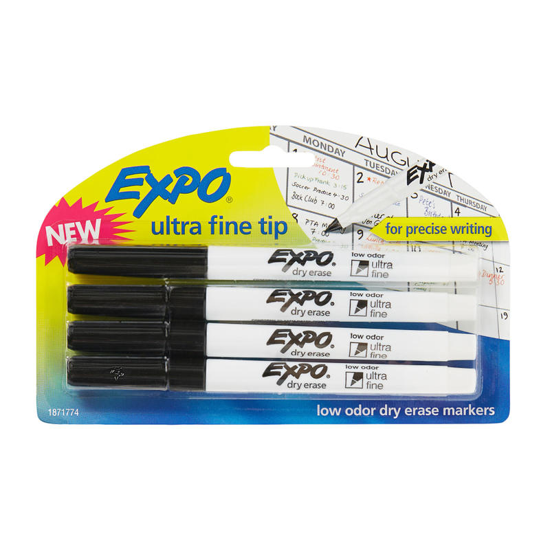 EXPO Low-Odor Dry-Erase Markers, Ultra-Fine Point, Black, Pack Of 4 MPN:1871774