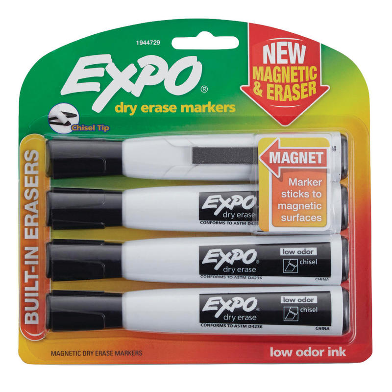 EXPO Magnetic Dry Erase Markers With Eraser, Chisel Tip, Black Ink, Pack Of 4 MPN:1944729