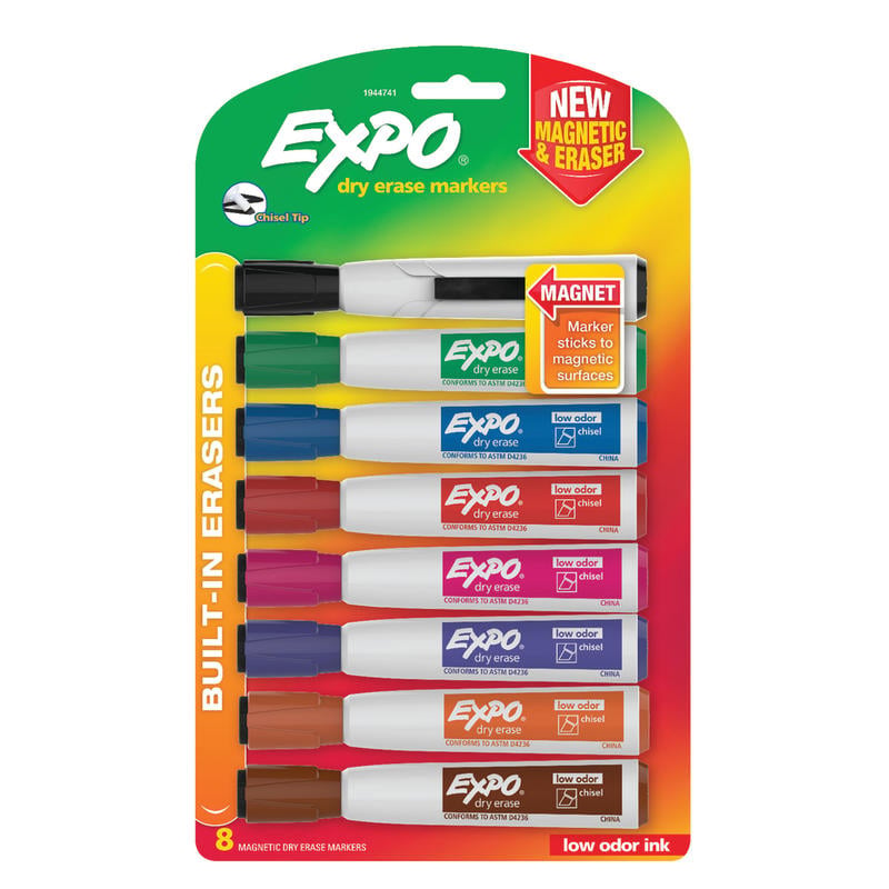 EXPO Magnetic Dry Erase Markers With Eraser, Chisel Tip, Assorted Ink Colors, Pack Of 8 MPN:1944741