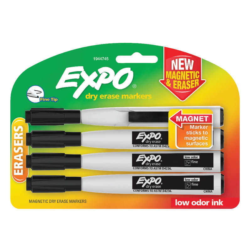 EXPO Magnetic Dry Erase Markers With Eraser, Fine Tip, Black Ink, Pack Of 4 MPN:1944745