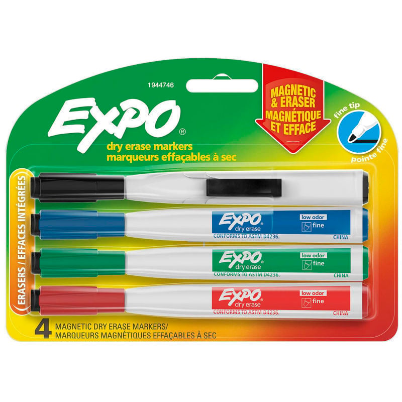 EXPO Magnetic Dry Erase Markers With Eraser  Fine Tip  Assorted Ink Colors  Pack Of 4 MPN:1944746