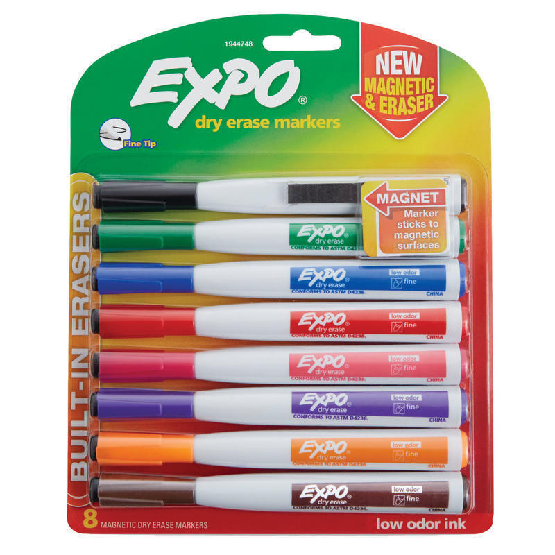 EXPO Magnetic Dry Erase Markers With Eraser, Fine Tip, Assorted Ink Colors, Pack Of 8 MPN:1944748