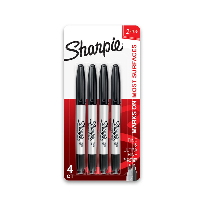 Sharpie Permanent Markers, Twin Tip, Fine/Ultra Fine Point, 4/PK, Black MPN:32175