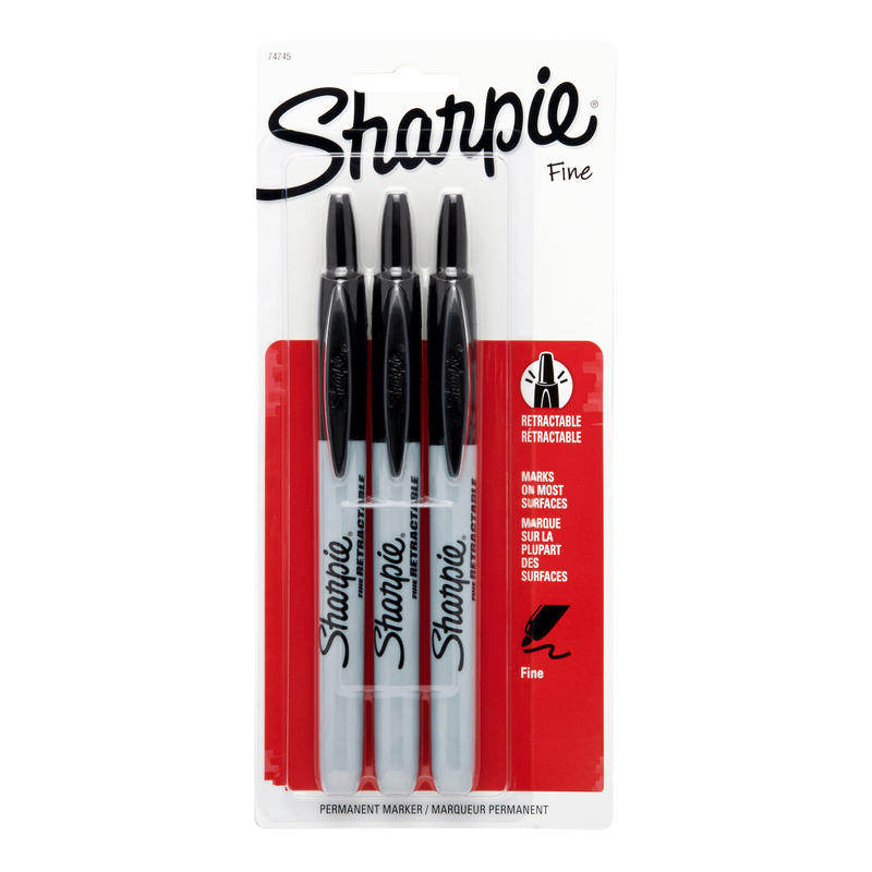 Sharpie Retractable Permanent Markers, Fine Point, Black, Pack Of 3 Markers MPN:74745