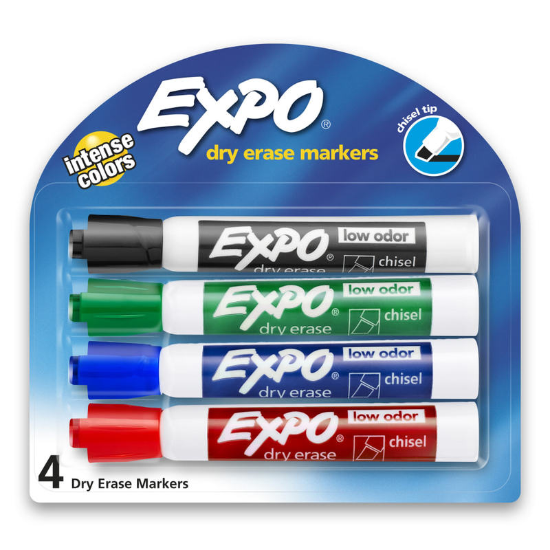 EXPO Low-Odor Dry-Erase Markers, Chisel Point, Assorted Colors, Pack Of 4 Markers MPN:80174