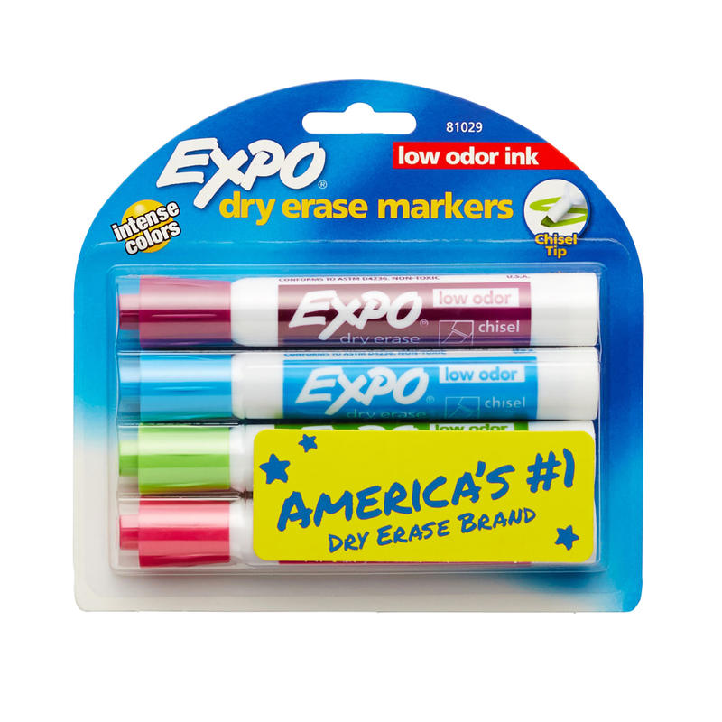 EXPO Low-Odor Dry-Erase Markers, Chisel Point, Assorted Fashion Colors, Pack Of 4 MPN:81029